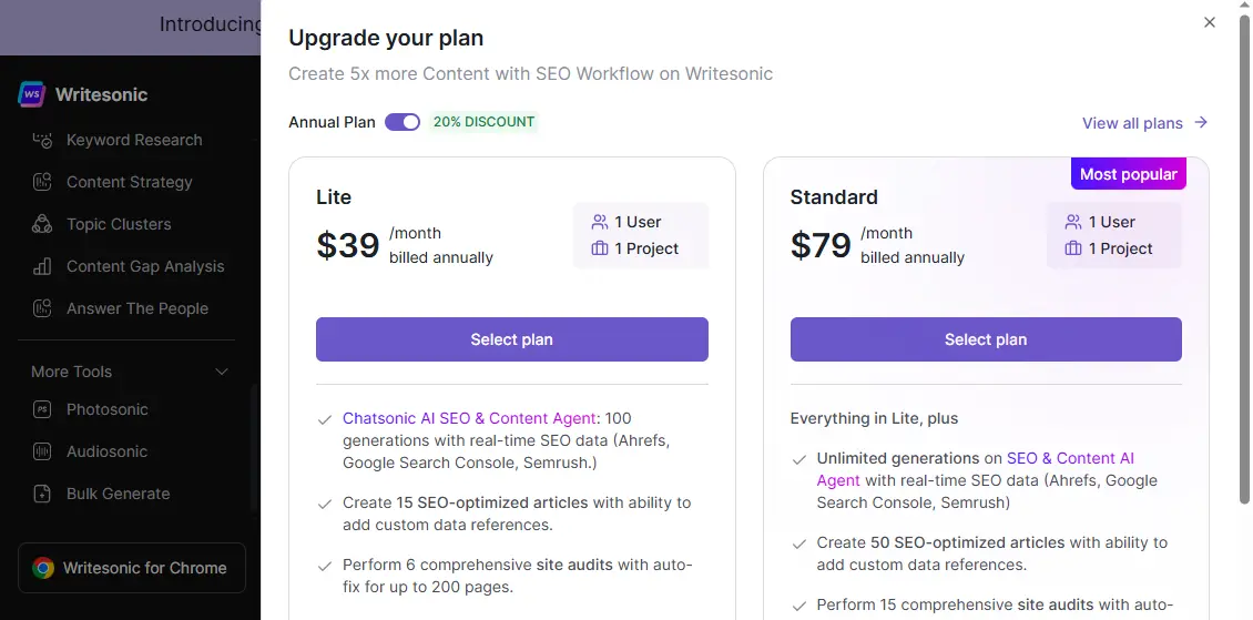 Writesonic Reviews pricing plans comparison chart showing different tiers and features
