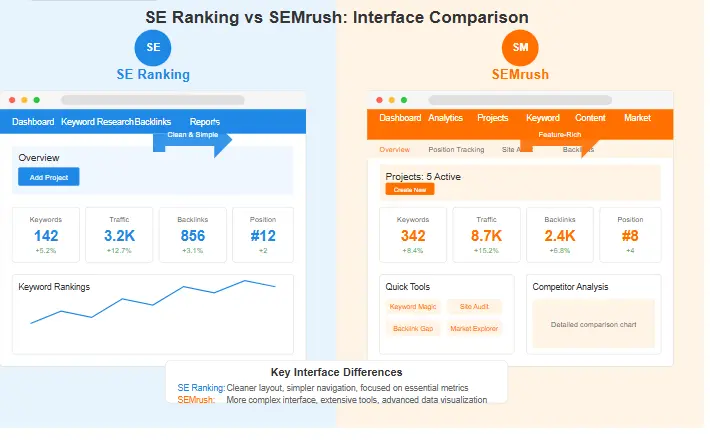 SE Ranking vs SEMrush comparison showing interface differences