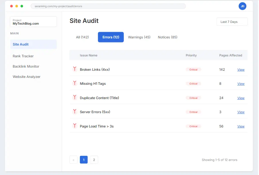 Close up screenshot of the SE Ranking site audit error list showing critical issues.