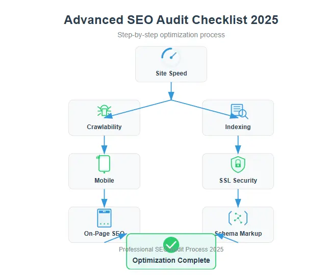 Advanced SEO audit checklist process showing technical analysis and optimization steps