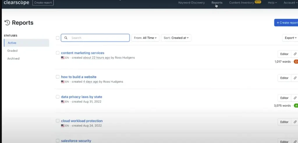Clearscope review dashboard showing content optimization features