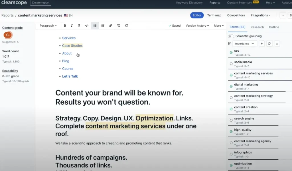 Clearscope review interface showing content analysis and optimization recommendations