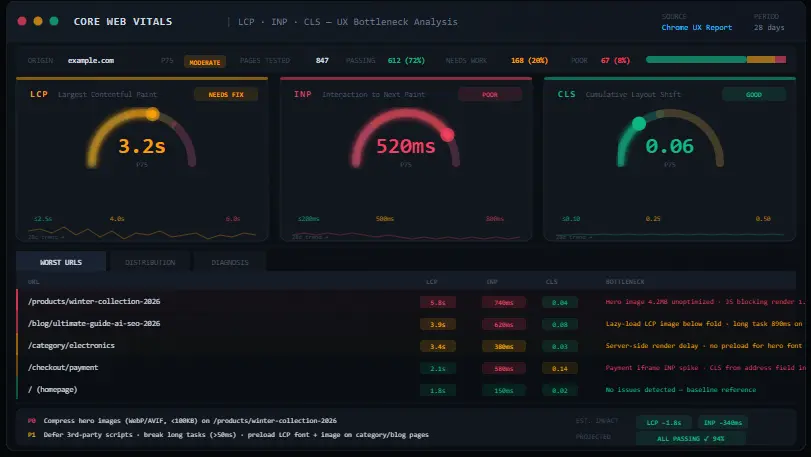 Core Web Vitals metrics example showing LCP INP and CLS scores