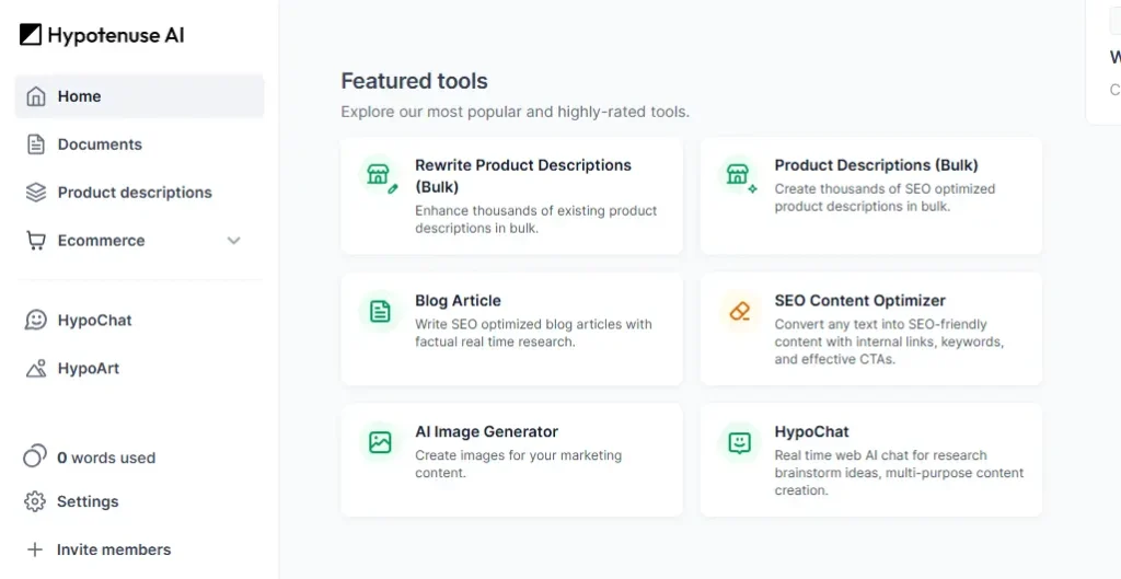 Hypotenuse AI dashboard interface showing content creation tools and features - Hypotenuse AI Review