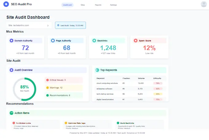 Keyword API dashboard showing search volume and difficulty metrics