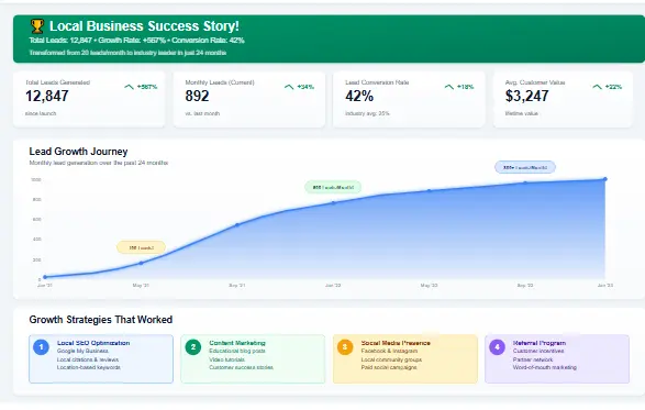 Local business success story showing lead growth chart