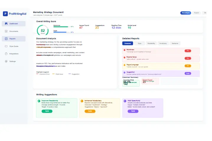 ProWritingAid Review dashboard showing writing analysis reports and suggestions