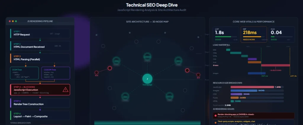 SEO Audit Service technical deep dive analyzing JavaScript rendering and site architecture