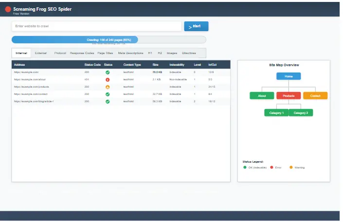 Screaming Frog free version interface showing basic SEO audit features