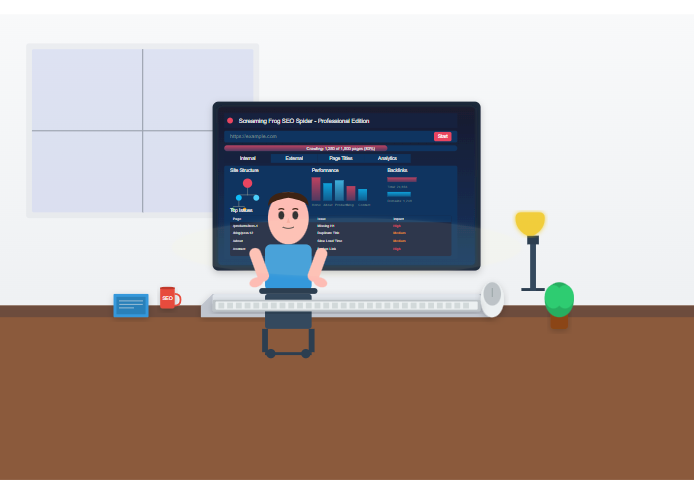 Professional using Screaming Frog for website SEO audit with data visualization