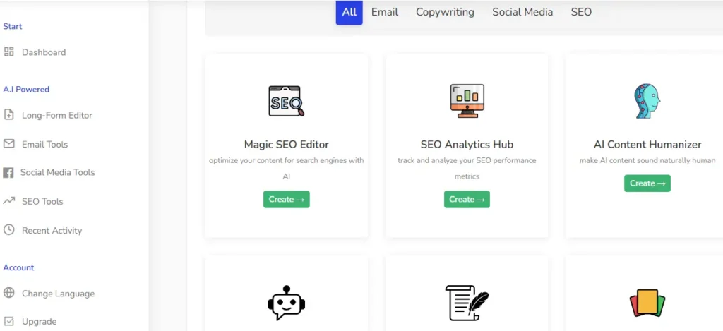 Writecream Review dashboard interface showing AI content creation tools and features