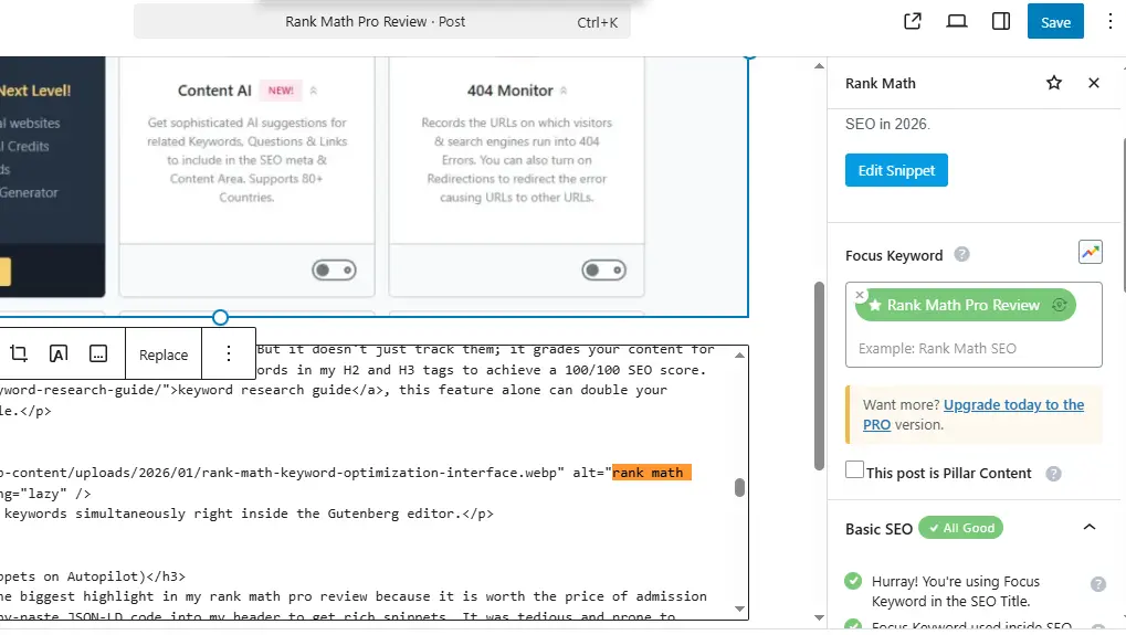 rank math keyword optimization interface