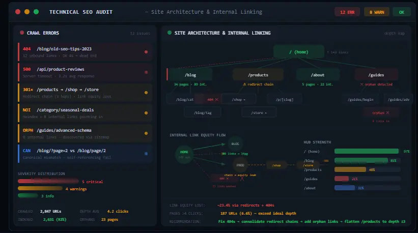 technical SEO checklist screenshot showing crawl errors and site architecture