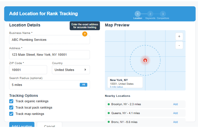 BrightLocal interface demonstrating the process of adding a location for rank tracking