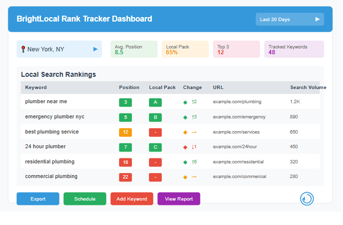 BrightLocal rank tracking dashboard displaying local search rankings for different locations