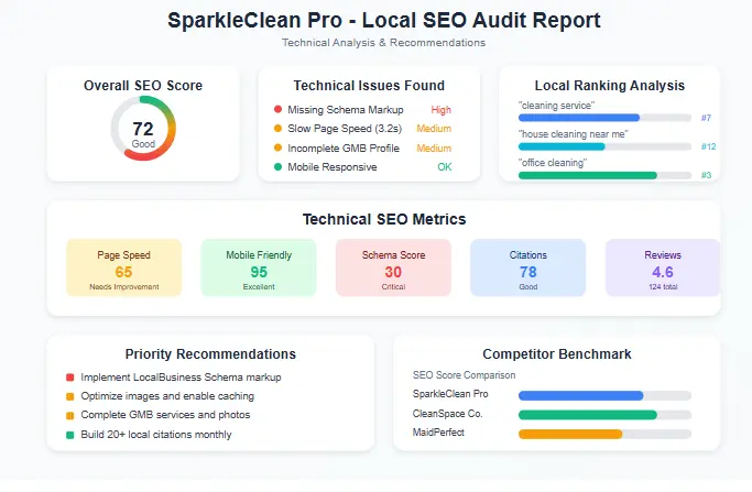 Cleaning service local SEO audit report with technical analysis