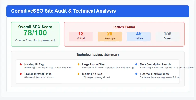 CognitiveSEO site audit tool displaying technical SEO issues and recommendations