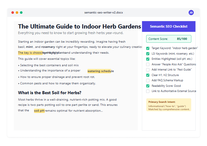 Content creator writing comprehensive content, following a semantic SEO checklist for better rankings.
