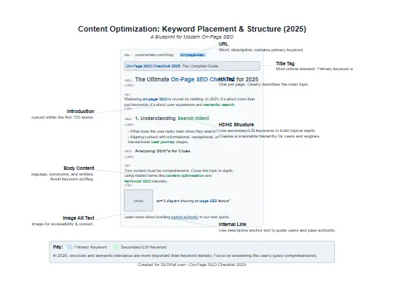 Content optimization techniques for on-page SEO checklist 2025 showing keyword placement and structure