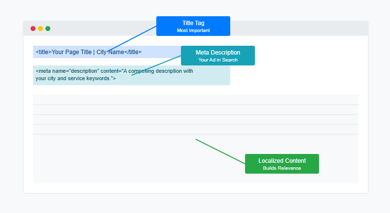 Diagram illustrating key on-page Local SEO elements like schema markup and localized content.