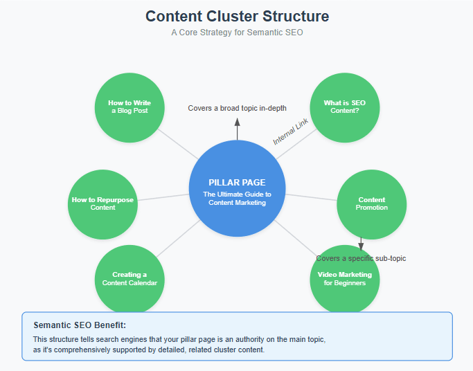 Diagram showing a content cluster structure, a key part of any semantic SEO checklist.