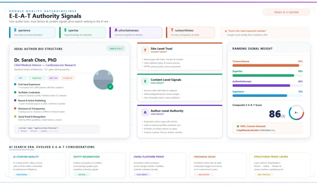 EEAT content authority signals showing author bios and trust factors for search ranking