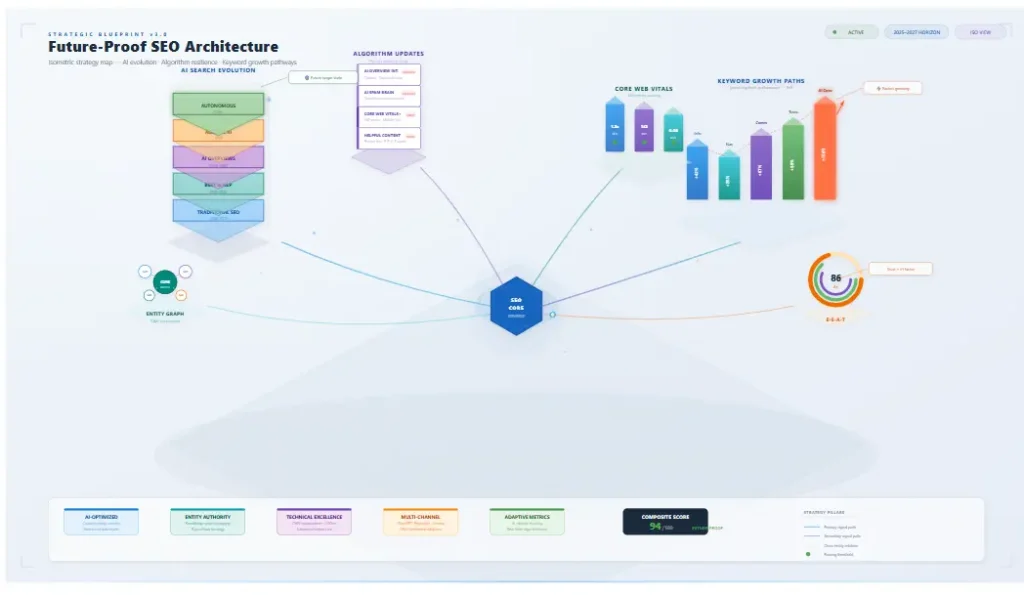 Future-proof SEO strategy blueprint showing AI search evolution and algorithm updates