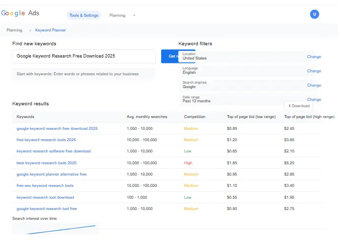Google Keyword Planner Interface - Free Keyword Research Tool Google Keyword Planner Interface for Google Keyword Research Free Download 2025