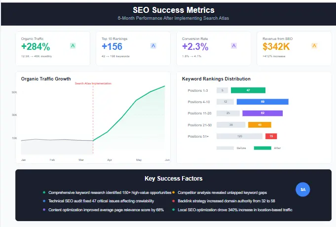 Graph showing SEO success metrics with increased traffic and rankings after using Search Atlas