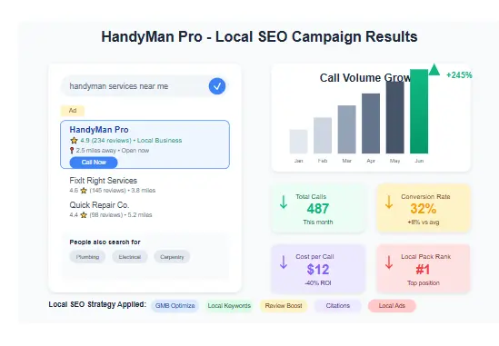 Handyman service local SEO campaign results with increased calls