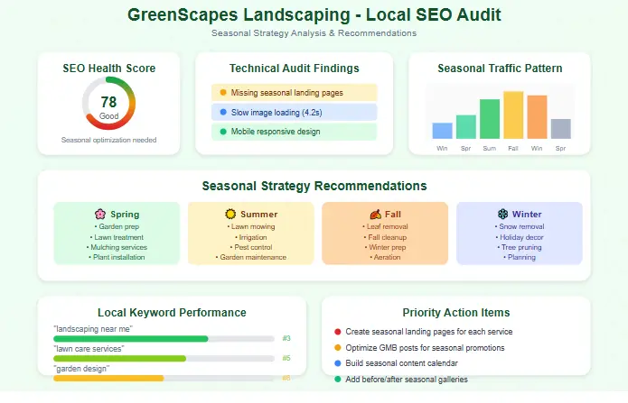 Landscaping business local SEO audit with seasonal strategy recommendations