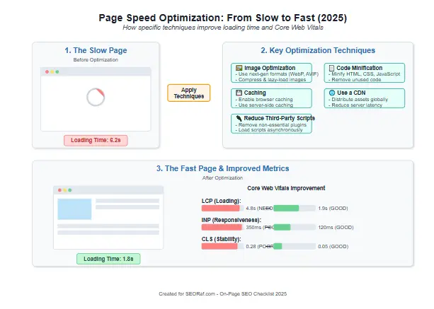 Page speed optimization techniques for on-page SEO checklist 2025 showing loading time improvements and performance metrics