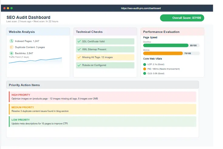 SEO audit process showing website analysis, technical checks, and performance evaluation