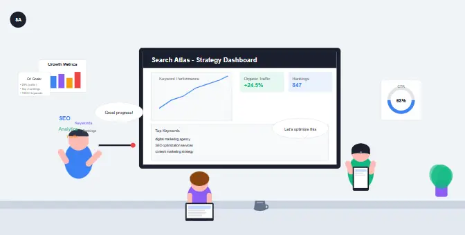 SEO professionals collaborating on digital marketing strategy using Search Atlas tools