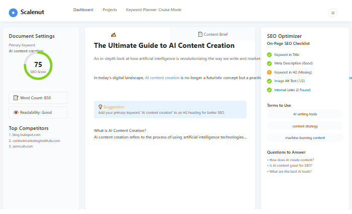 Scalenut vs Jasper dashboard showing content brief and SEO optimization features