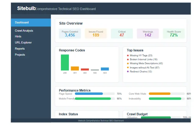 Sitebulb Review interface showing comprehensive technical SEO dashboard