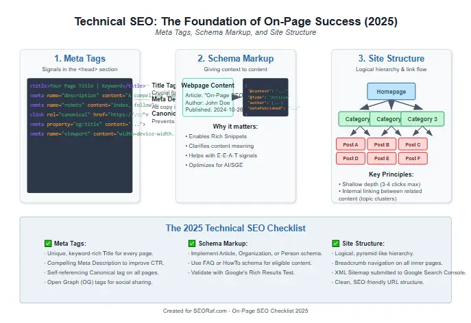 Technical SEO elements for on-page SEO checklist 2025 showing meta tags, schema, and site structure
