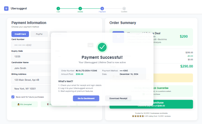 Ubersuggest checkout process showing lifetime deal payment options and one-time payment confirmation