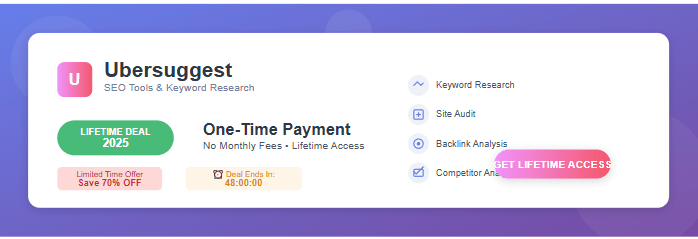 Ubersuggest lifetime deal 2025 banner showing one-time payment offer with SEO tools