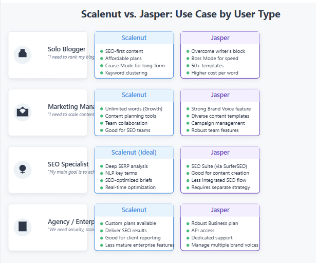 Use case comparison between Scalenut and Jasper for different user types
