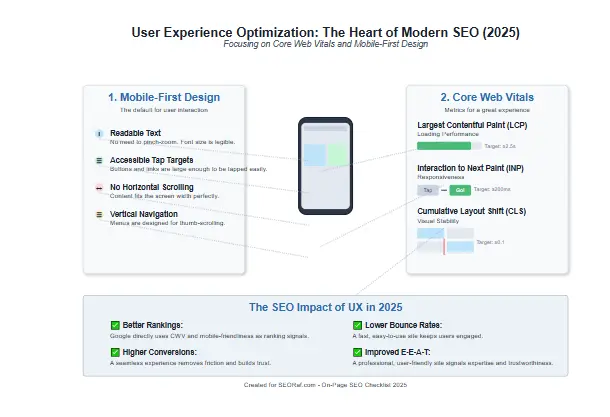 User experience optimization factors for on-page SEO checklist 2025 showing Core Web Vitals and mobile-friendly design
