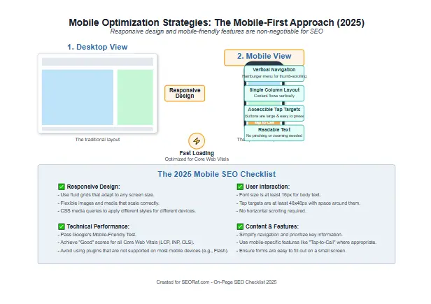 Mobile optimization strategies for on-page SEO checklist 2025 showing responsive design and mobile-friendly features