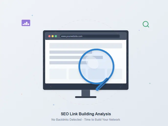 Illustration of a magnifying glass over a website with no connecting backlinks, representing the start of an SEO link building plan.