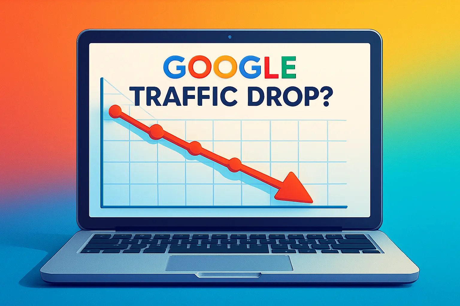 A conceptual image showing a downward-trending traffic graph on a laptop screen, illustrating a Google traffic drop.