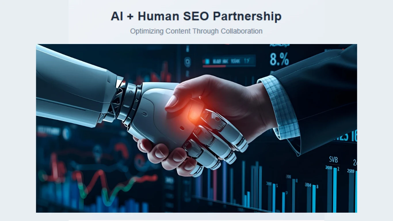 Is AI-Generated Content Hurting Your SEO? A conceptual image showing a robotic arm and a human hand shaking over a digital interface displaying SEO analytics, symbolizing the collaboration between AI and human marketers.