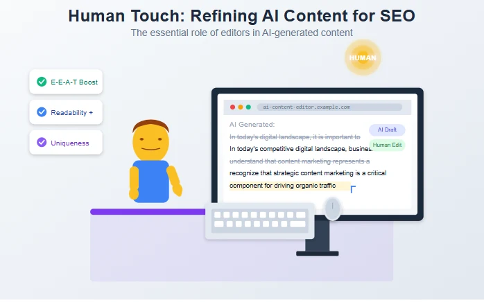 Is AI-Generated Content Hurting Your SEO? A content editor actively reviewing and revising AI-generated text on a computer screen, highlighting the importance of the human element in content creation.