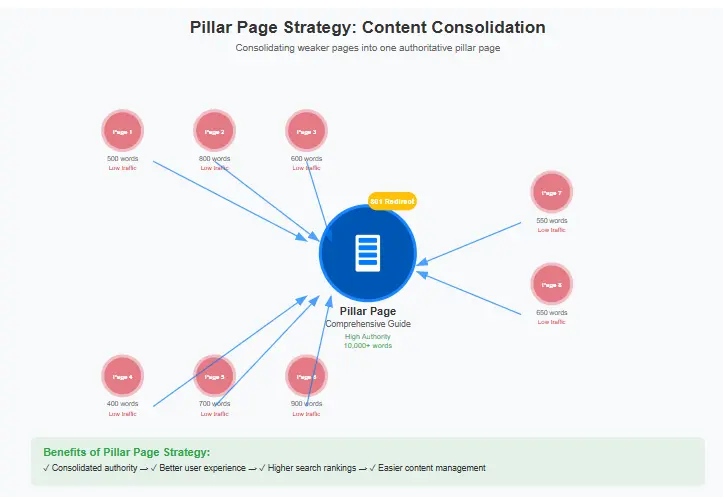 A diagram showing how multiple weaker pages are redirected into one strong pillar page.