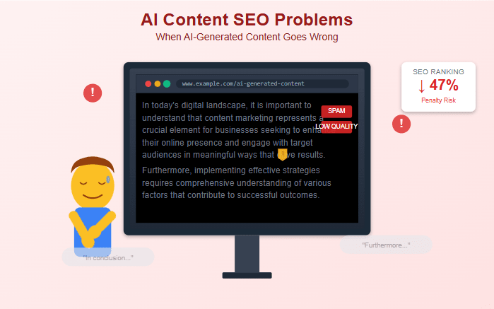 Is AI-Generated Content Hurting Your SEO? A frustrated user looking at a computer screen filled with generic, low-quality text, illustrating the problem of poor AI-generated content.