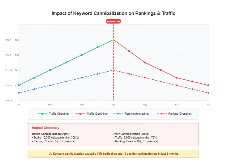 A graph showing a drop in rankings and traffic due to keyword cannibalization.