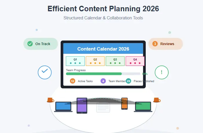 A small business team collaborating efficiently, benefiting from a structured content calendar in 2026